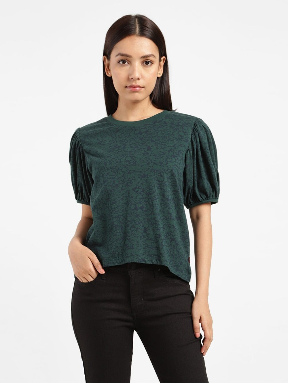 Levi's printed crew neck top with puff sleeves Green Small